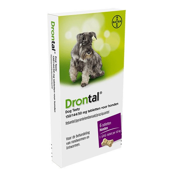 Drontal Dog Tasty 150/144/50 mg ontwormingsmiddel hond 2 tabletten 1 Drontal Dog Tasty 150/144/50 mg ontwormingsmiddel hond 2 tabletten