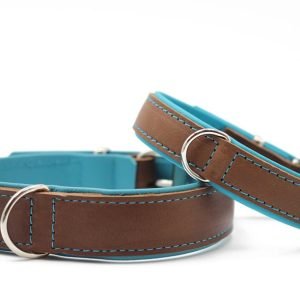 Leren halsband Klassiek Premium, mokka/petrol/zilver, 65 cm / 45 mm